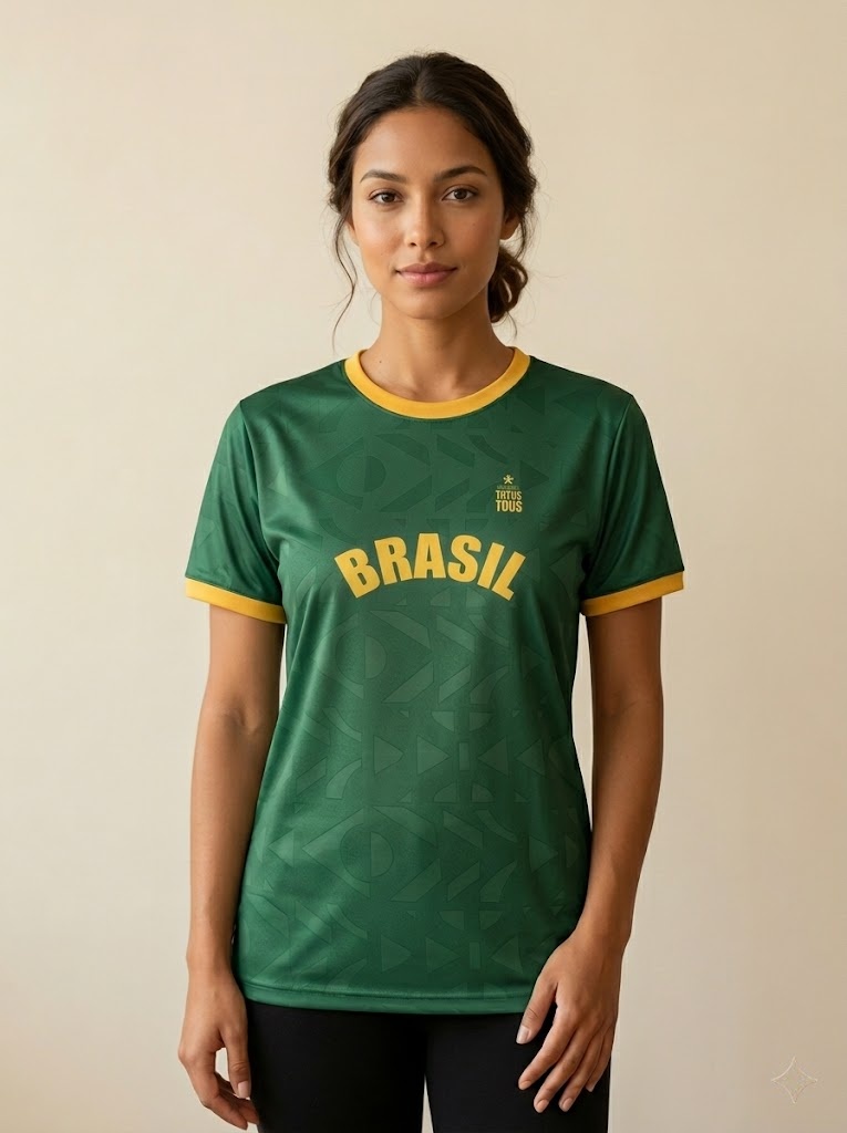Foto de catálogo gerada por IA: modelo vestindo a mesma camisa verde do Brasil